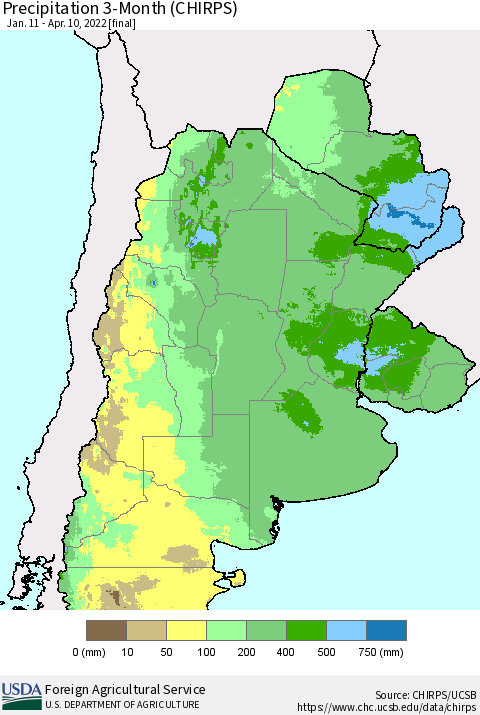 Southern South America Precipitation 3-Month (CHIRPS) Thematic Map For 1/11/2022 - 4/10/2022