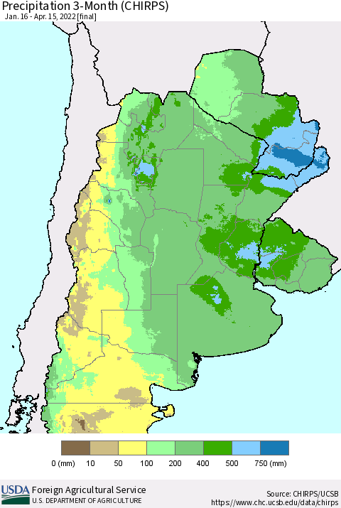 Southern South America Precipitation 3-Month (CHIRPS) Thematic Map For 1/16/2022 - 4/15/2022