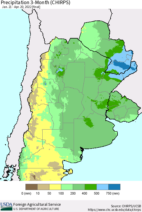 Southern South America Precipitation 3-Month (CHIRPS) Thematic Map For 1/21/2022 - 4/20/2022