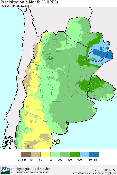 Southern South America Precipitation 3-Month (CHIRPS) Thematic Map For 1/26/2022 - 4/25/2022