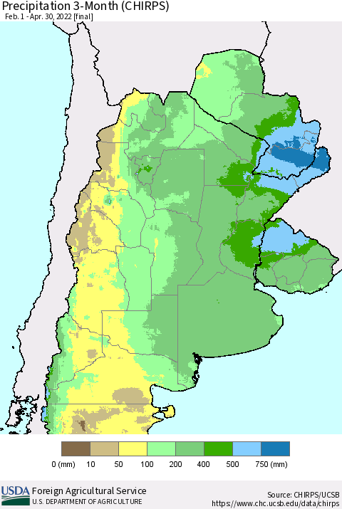Southern South America Precipitation 3-Month (CHIRPS) Thematic Map For 2/1/2022 - 4/30/2022