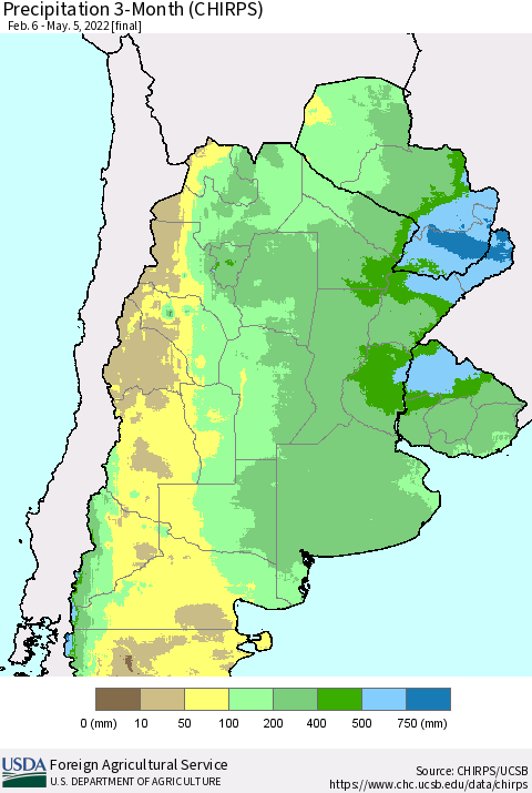 Southern South America Precipitation 3-Month (CHIRPS) Thematic Map For 2/6/2022 - 5/5/2022