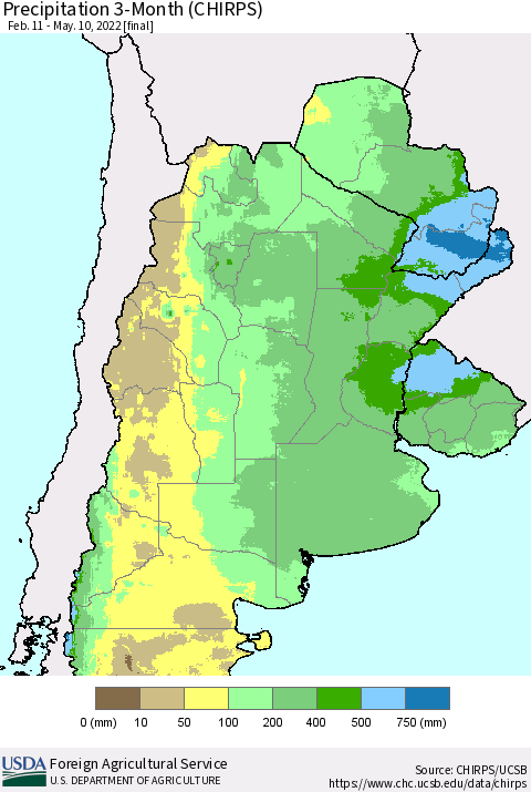 Southern South America Precipitation 3-Month (CHIRPS) Thematic Map For 2/11/2022 - 5/10/2022