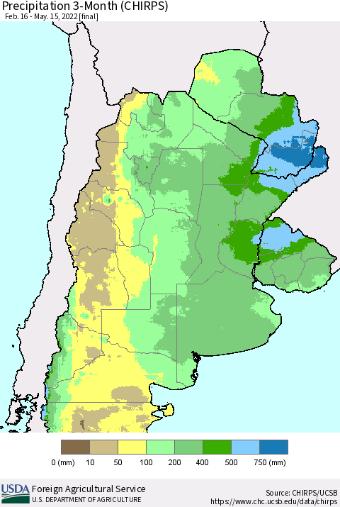 Southern South America Precipitation 3-Month (CHIRPS) Thematic Map For 2/16/2022 - 5/15/2022