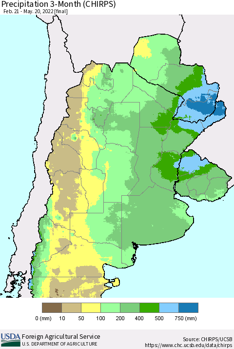 Southern South America Precipitation 3-Month (CHIRPS) Thematic Map For 2/21/2022 - 5/20/2022