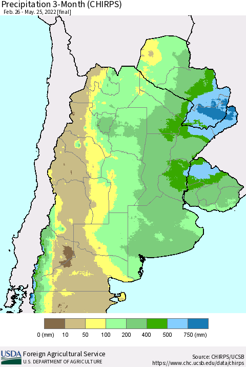 Southern South America Precipitation 3-Month (CHIRPS) Thematic Map For 2/26/2022 - 5/25/2022