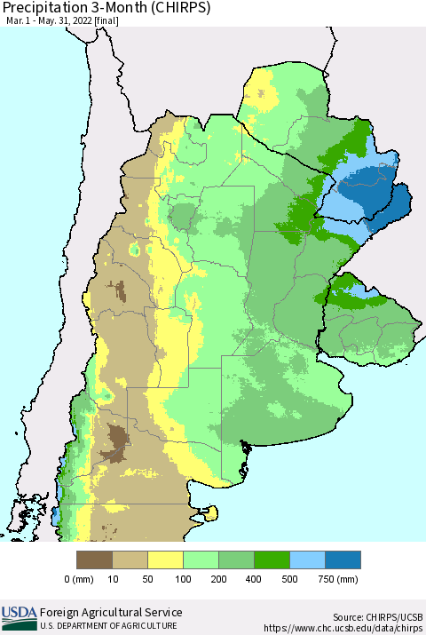 Southern South America Precipitation 3-Month (CHIRPS) Thematic Map For 3/1/2022 - 5/31/2022