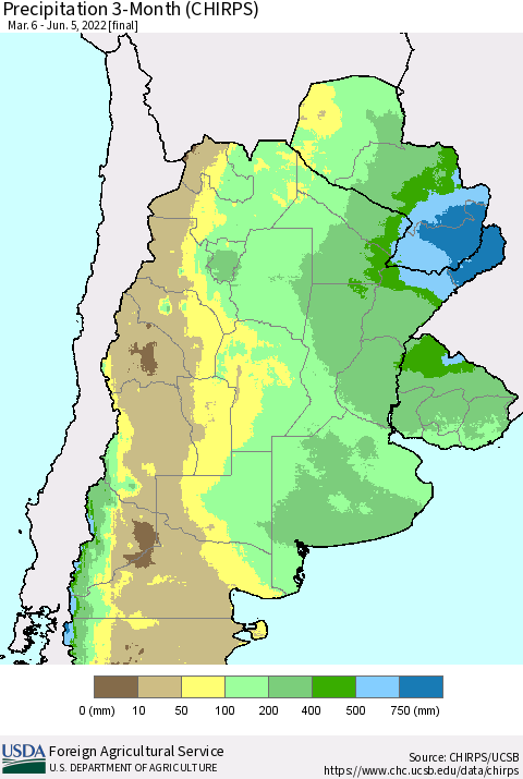 Southern South America Precipitation 3-Month (CHIRPS) Thematic Map For 3/6/2022 - 6/5/2022