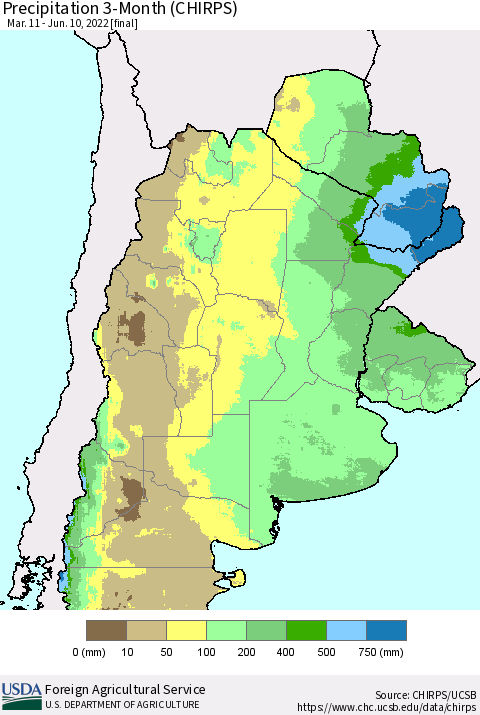 Southern South America Precipitation 3-Month (CHIRPS) Thematic Map For 3/11/2022 - 6/10/2022