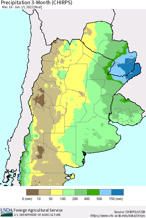 Southern South America Precipitation 3-Month (CHIRPS) Thematic Map For 3/16/2022 - 6/15/2022