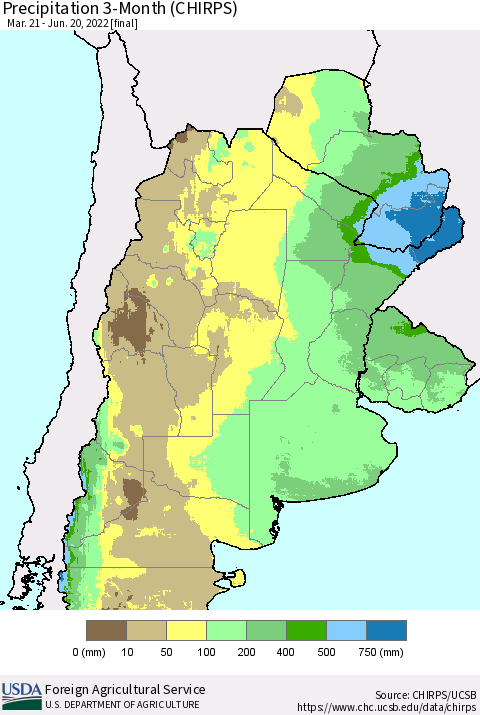 Southern South America Precipitation 3-Month (CHIRPS) Thematic Map For 3/21/2022 - 6/20/2022