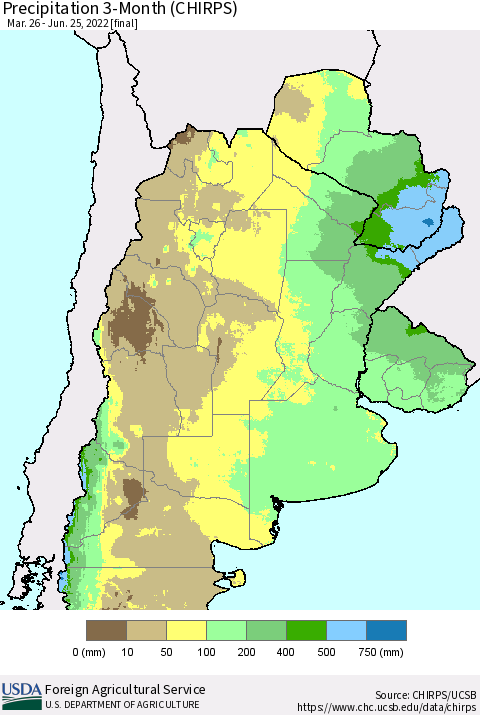Southern South America Precipitation 3-Month (CHIRPS) Thematic Map For 3/26/2022 - 6/25/2022