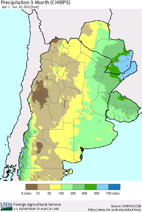 Southern South America Precipitation 3-Month (CHIRPS) Thematic Map For 4/1/2022 - 6/30/2022