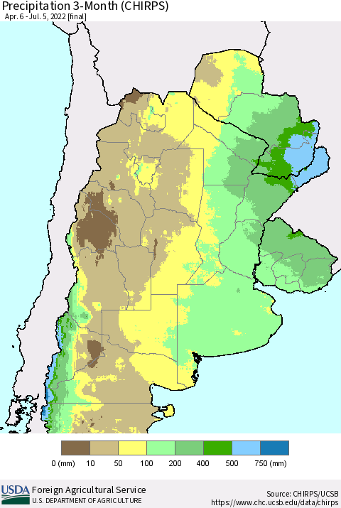 Southern South America Precipitation 3-Month (CHIRPS) Thematic Map For 4/6/2022 - 7/5/2022