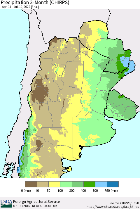 Southern South America Precipitation 3-Month (CHIRPS) Thematic Map For 4/11/2022 - 7/10/2022