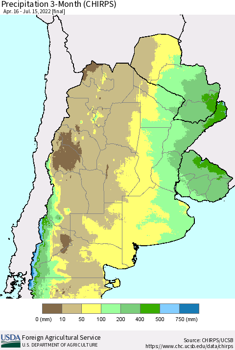 Southern South America Precipitation 3-Month (CHIRPS) Thematic Map For 4/16/2022 - 7/15/2022