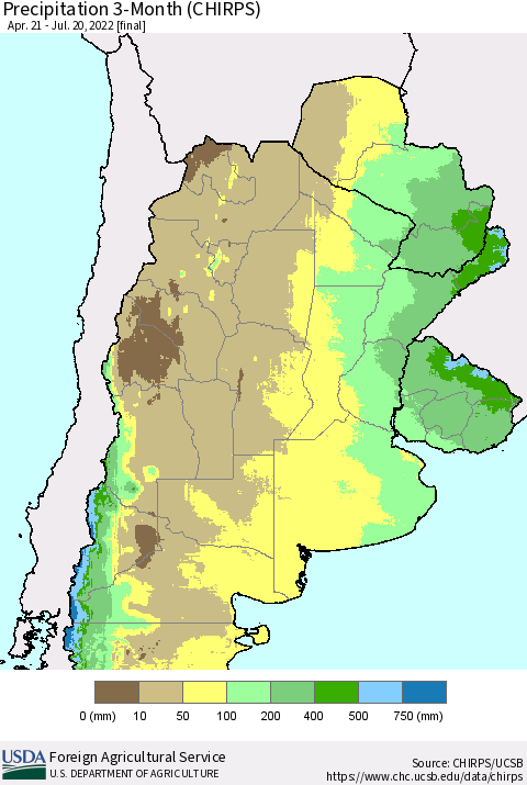 Southern South America Precipitation 3-Month (CHIRPS) Thematic Map For 4/21/2022 - 7/20/2022
