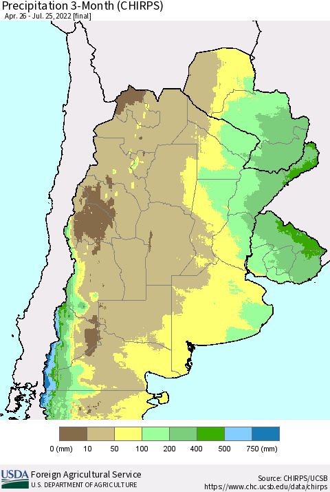 Southern South America Precipitation 3-Month (CHIRPS) Thematic Map For 4/26/2022 - 7/25/2022