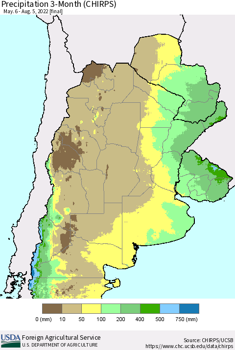Southern South America Precipitation 3-Month (CHIRPS) Thematic Map For 5/6/2022 - 8/5/2022