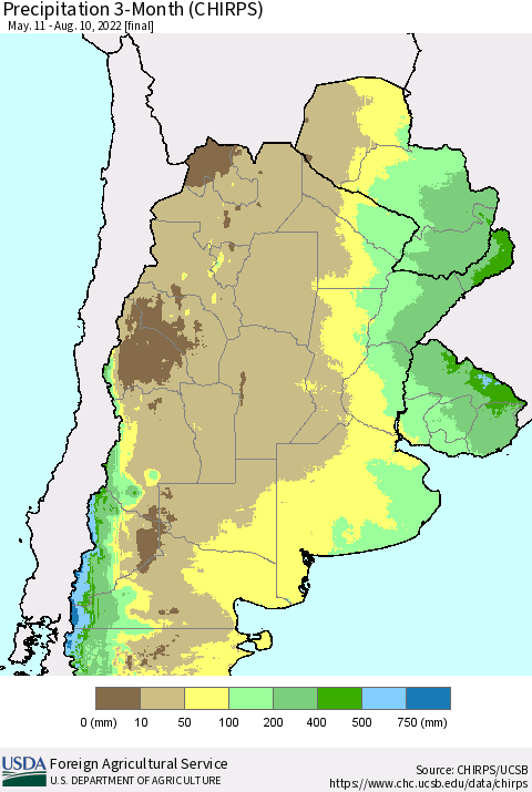Southern South America Precipitation 3-Month (CHIRPS) Thematic Map For 5/11/2022 - 8/10/2022