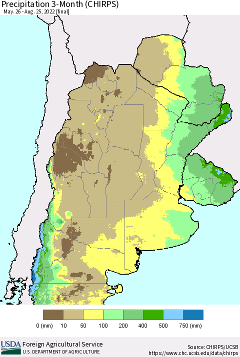 Southern South America Precipitation 3-Month (CHIRPS) Thematic Map For 5/26/2022 - 8/25/2022