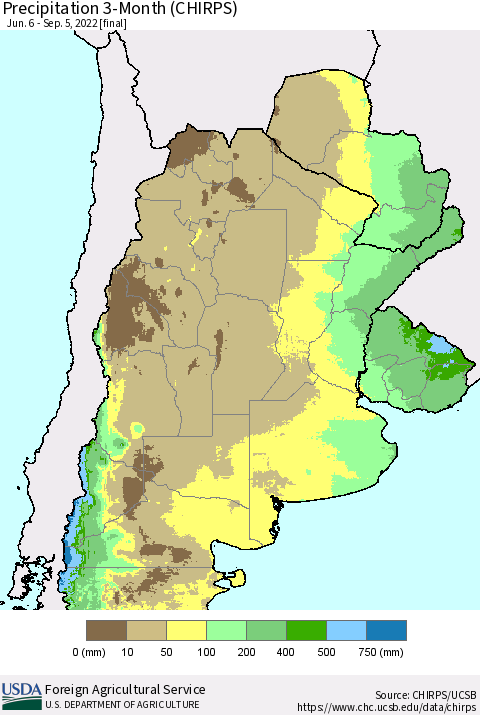 Southern South America Precipitation 3-Month (CHIRPS) Thematic Map For 6/6/2022 - 9/5/2022