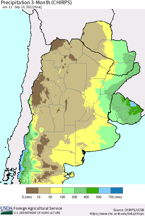 Southern South America Precipitation 3-Month (CHIRPS) Thematic Map For 6/11/2022 - 9/10/2022