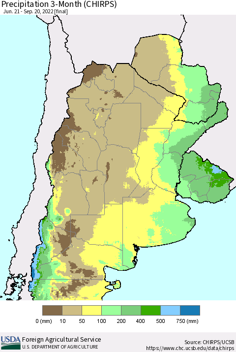 Southern South America Precipitation 3-Month (CHIRPS) Thematic Map For 6/21/2022 - 9/20/2022