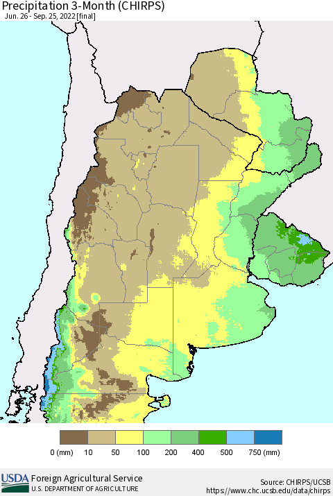 Southern South America Precipitation 3-Month (CHIRPS) Thematic Map For 6/26/2022 - 9/25/2022
