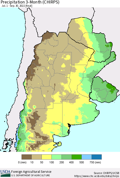 Southern South America Precipitation 3-Month (CHIRPS) Thematic Map For 7/1/2022 - 9/30/2022