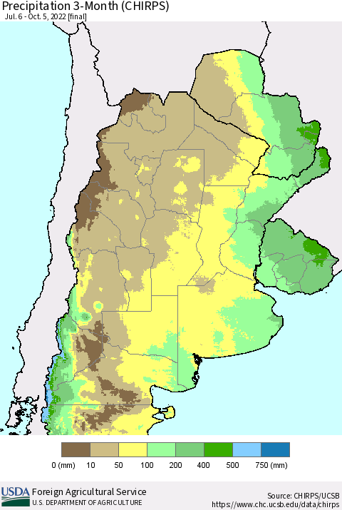 Southern South America Precipitation 3-Month (CHIRPS) Thematic Map For 7/6/2022 - 10/5/2022