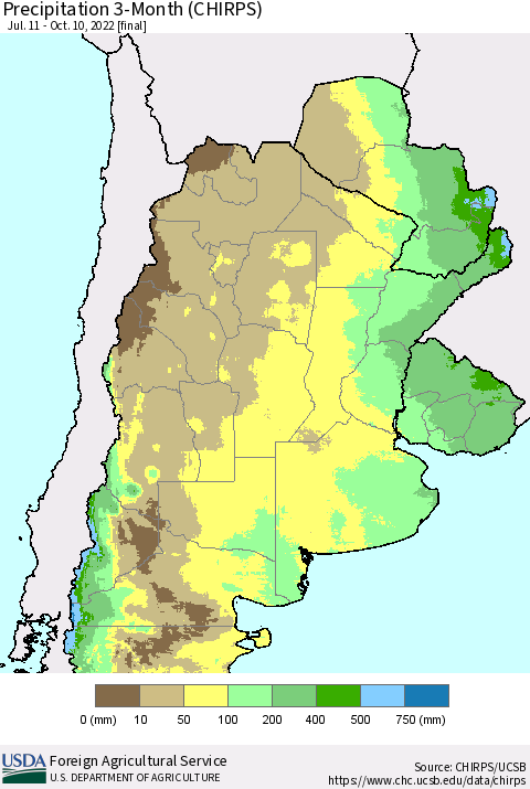 Southern South America Precipitation 3-Month (CHIRPS) Thematic Map For 7/11/2022 - 10/10/2022
