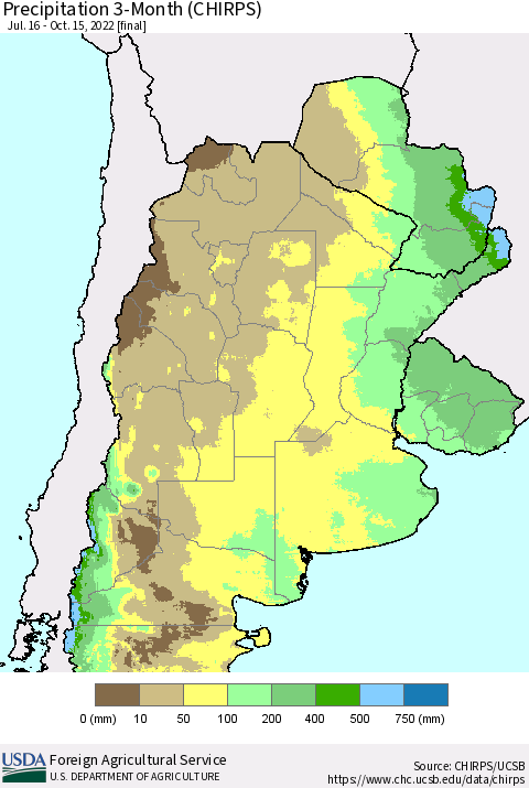 Southern South America Precipitation 3-Month (CHIRPS) Thematic Map For 7/16/2022 - 10/15/2022