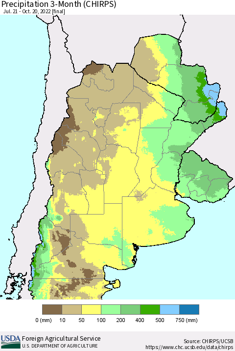Southern South America Precipitation 3-Month (CHIRPS) Thematic Map For 7/21/2022 - 10/20/2022