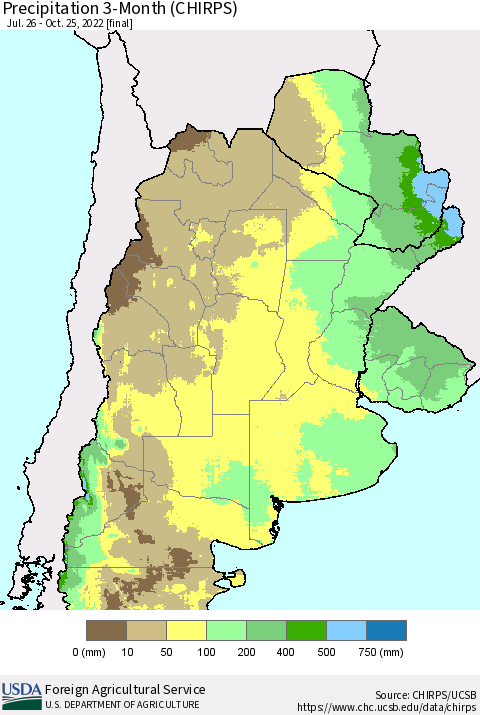 Southern South America Precipitation 3-Month (CHIRPS) Thematic Map For 7/26/2022 - 10/25/2022