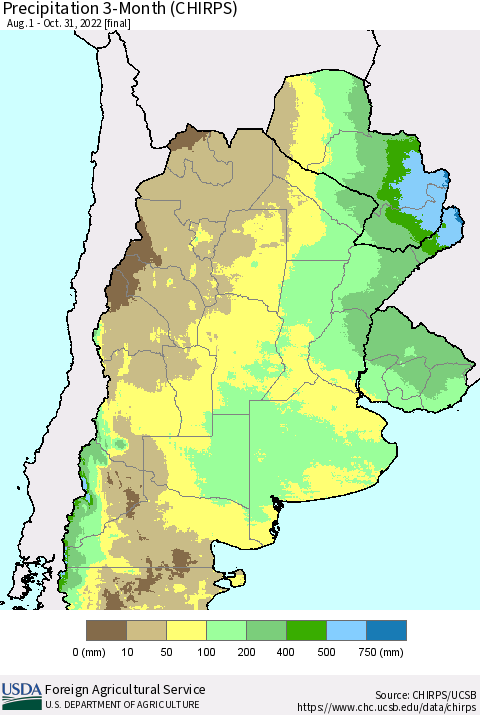 Southern South America Precipitation 3-Month (CHIRPS) Thematic Map For 8/1/2022 - 10/31/2022