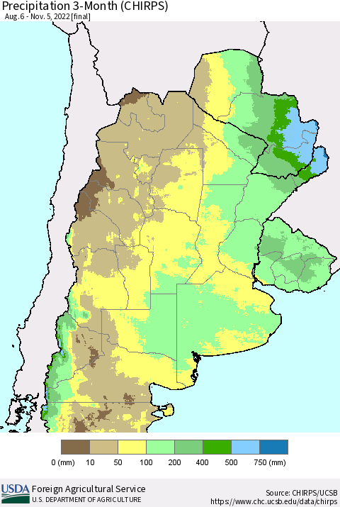 Southern South America Precipitation 3-Month (CHIRPS) Thematic Map For 8/6/2022 - 11/5/2022