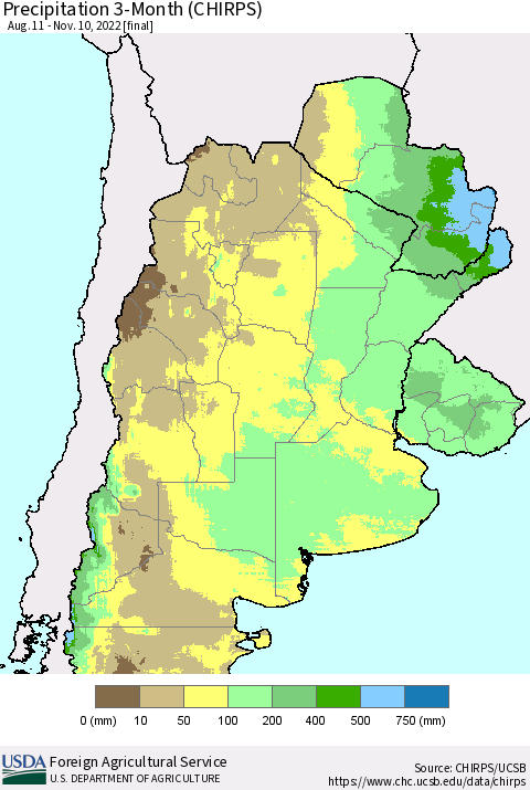 Southern South America Precipitation 3-Month (CHIRPS) Thematic Map For 8/11/2022 - 11/10/2022