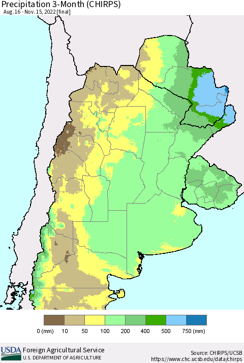 Southern South America Precipitation 3-Month (CHIRPS) Thematic Map For 8/16/2022 - 11/15/2022