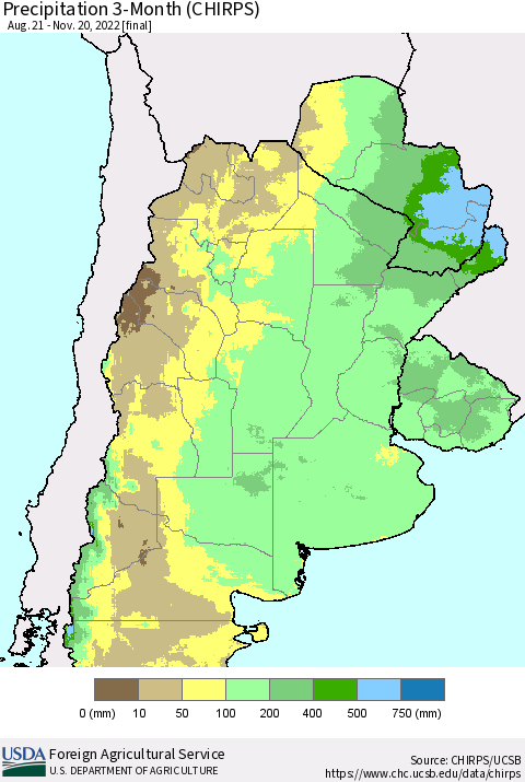Southern South America Precipitation 3-Month (CHIRPS) Thematic Map For 8/21/2022 - 11/20/2022