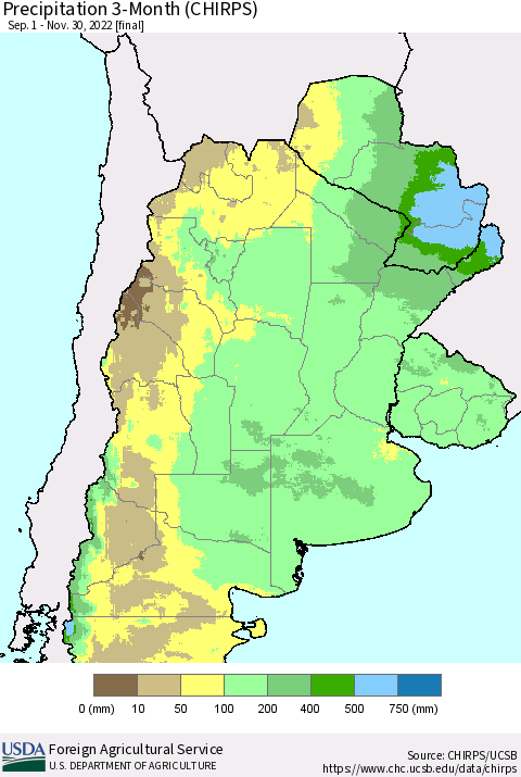 Southern South America Precipitation 3-Month (CHIRPS) Thematic Map For 9/1/2022 - 11/30/2022