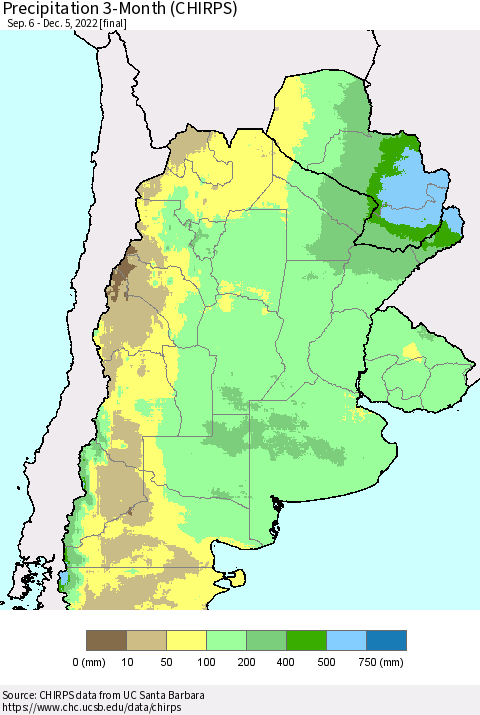 Southern South America Precipitation 3-Month (CHIRPS) Thematic Map For 9/6/2022 - 12/5/2022