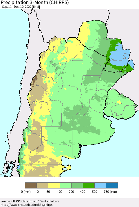 Southern South America Precipitation 3-Month (CHIRPS) Thematic Map For 9/11/2022 - 12/10/2022
