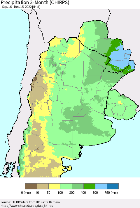 Southern South America Precipitation 3-Month (CHIRPS) Thematic Map For 9/16/2022 - 12/15/2022