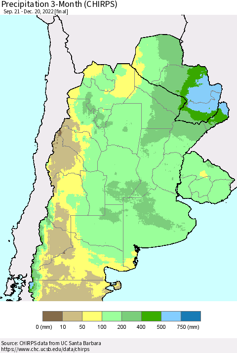 Southern South America Precipitation 3-Month (CHIRPS) Thematic Map For 9/21/2022 - 12/20/2022