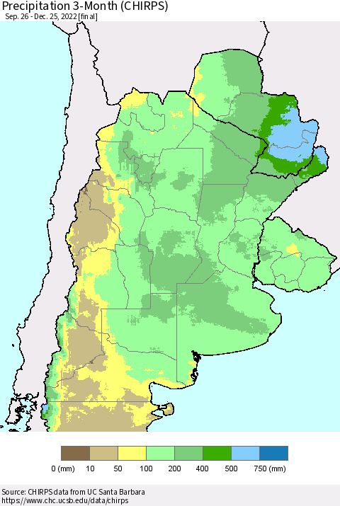 Southern South America Precipitation 3-Month (CHIRPS) Thematic Map For 9/26/2022 - 12/25/2022