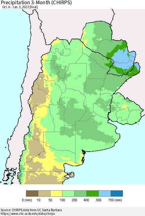 Southern South America Precipitation 3-Month (CHIRPS) Thematic Map For 10/6/2022 - 1/5/2023