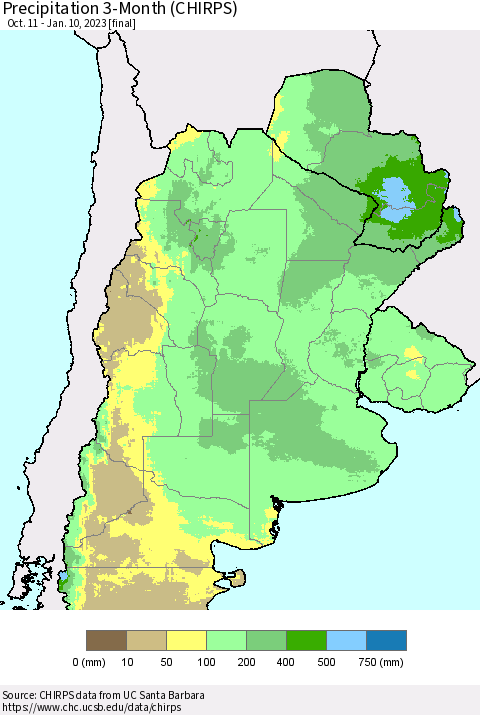 Southern South America Precipitation 3-Month (CHIRPS) Thematic Map For 10/11/2022 - 1/10/2023