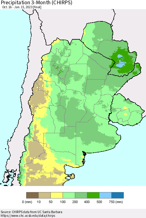 Southern South America Precipitation 3-Month (CHIRPS) Thematic Map For 10/16/2022 - 1/15/2023