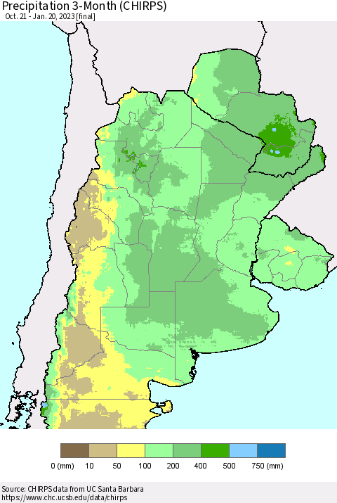 Southern South America Precipitation 3-Month (CHIRPS) Thematic Map For 10/21/2022 - 1/20/2023
